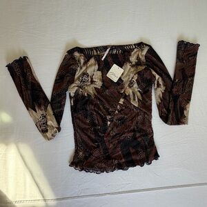 Free People Brown and Cream Floral Long Sleeve Top